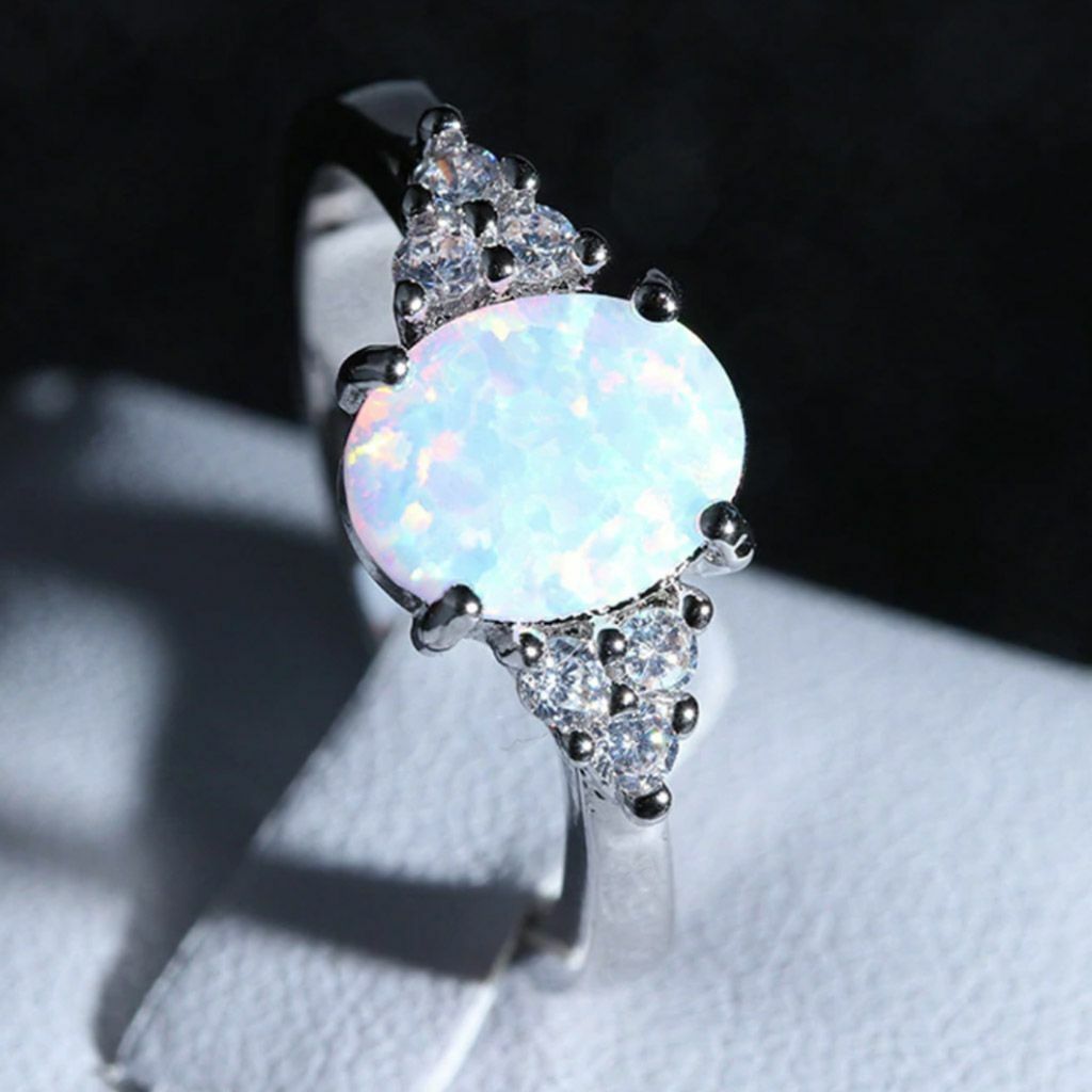 Womens Fire Opal Silver 925 Sterling White Gold Gemstone Jewelry Ring Size 6-10
