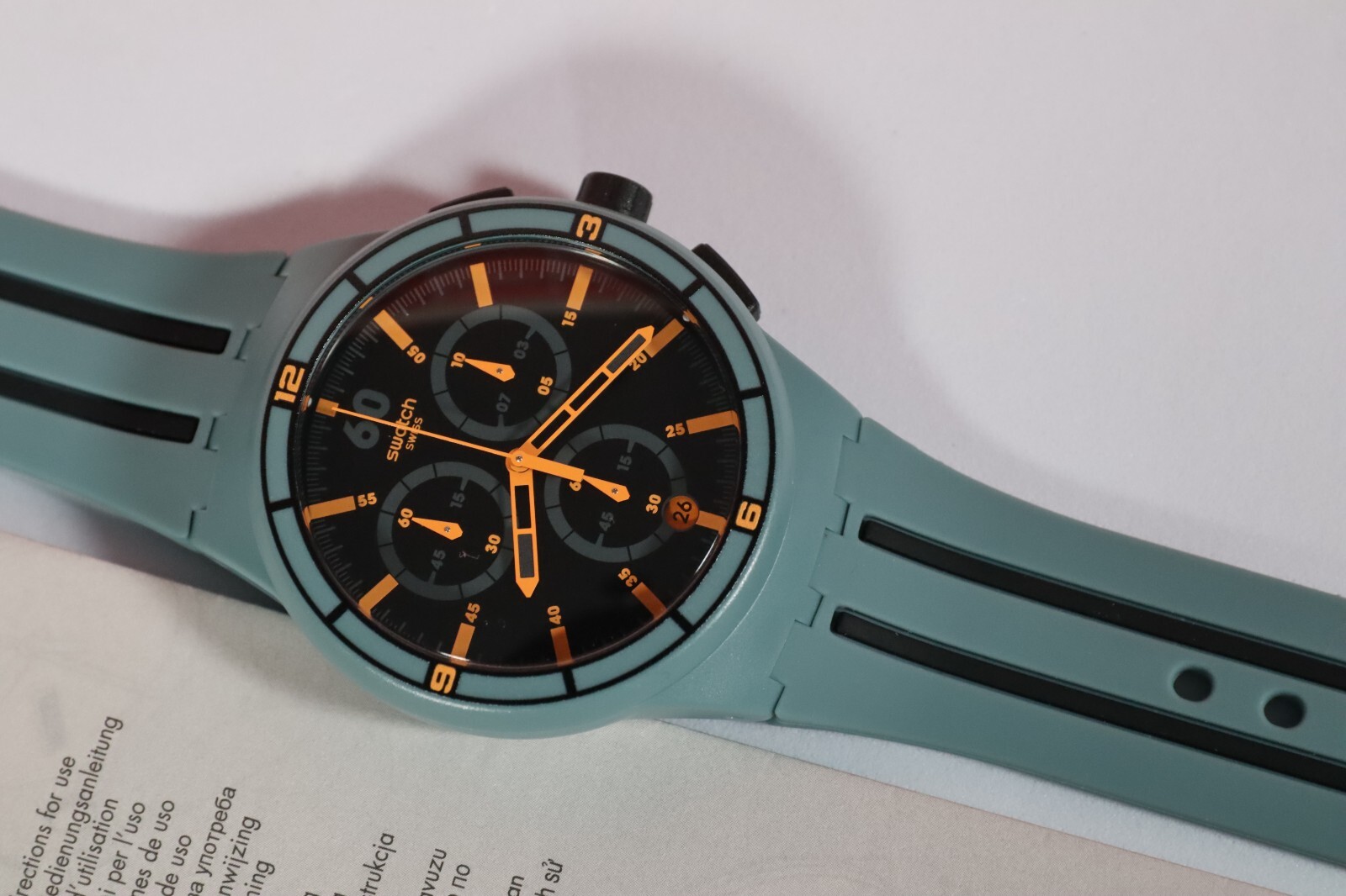 NEW Swiss Swatch XX SPEED SUSG401 Soft Plastic Green Orange Chronograph 42MM