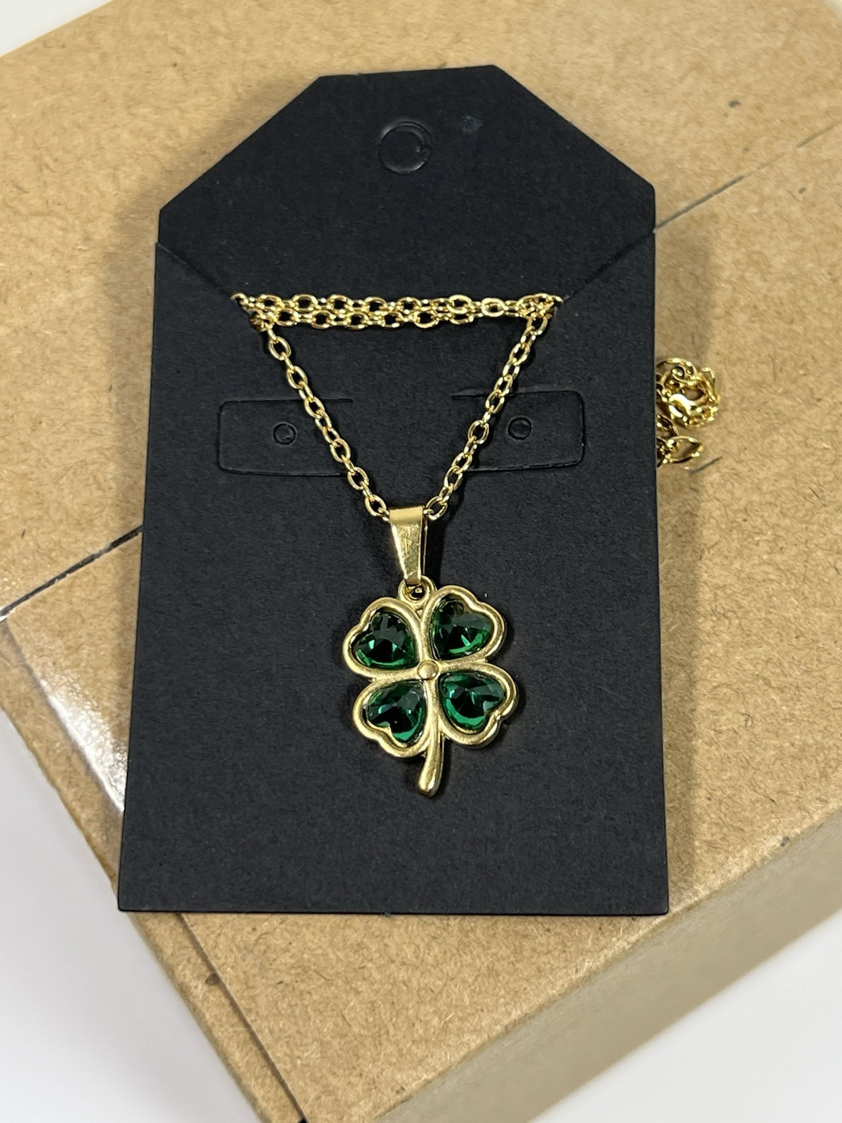 Four Leaf Clover Necklace Green Zircon Gems Gold Colored Chain New