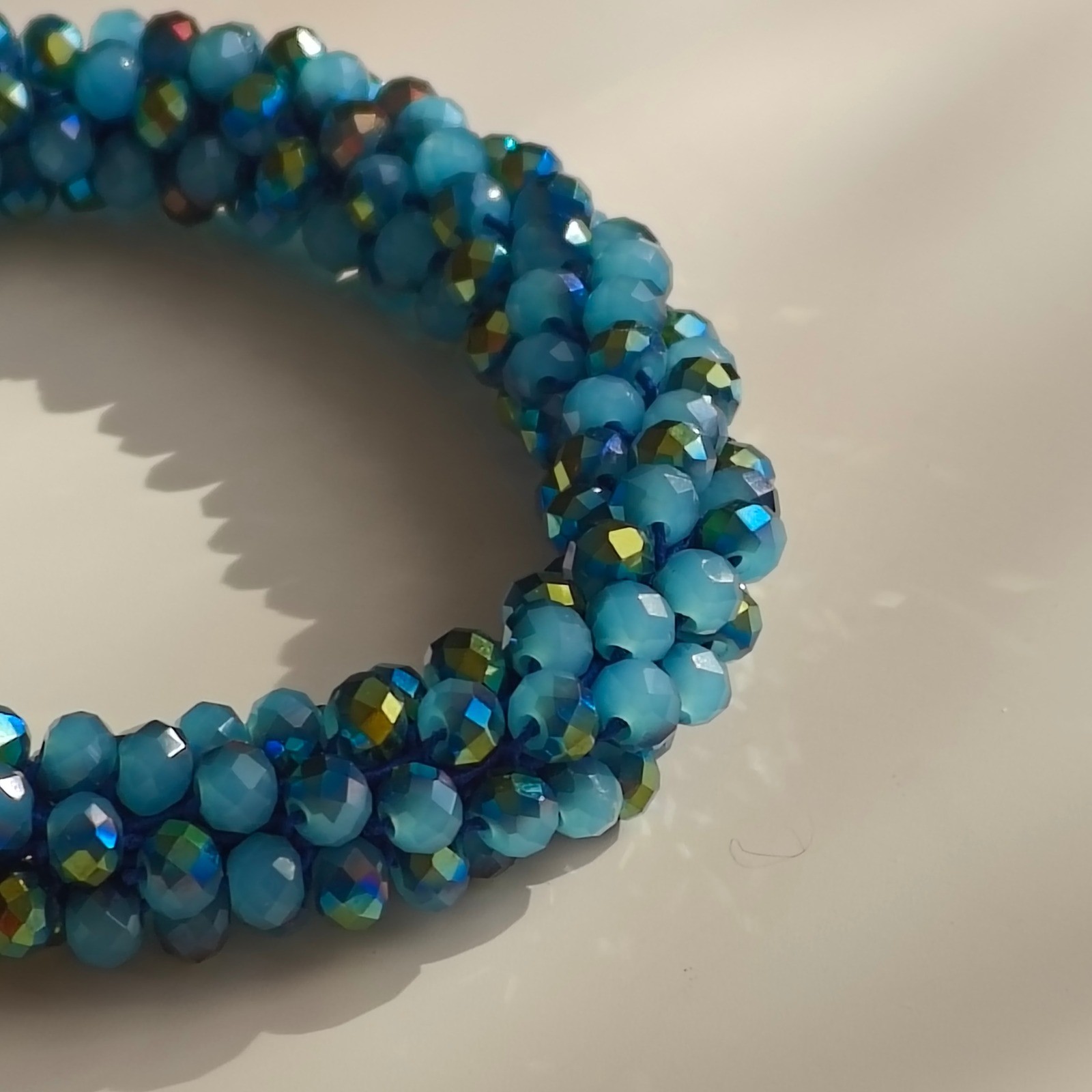 Teal Iridescent Beaded Rope Bracelet or Scrunchie Hair Tie Glass Bead Blue Aqua