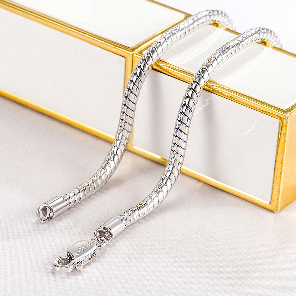 925 Sterling Silver 3mm Round Snake Necklace Sizes 18″ to 30″ for Women & Men