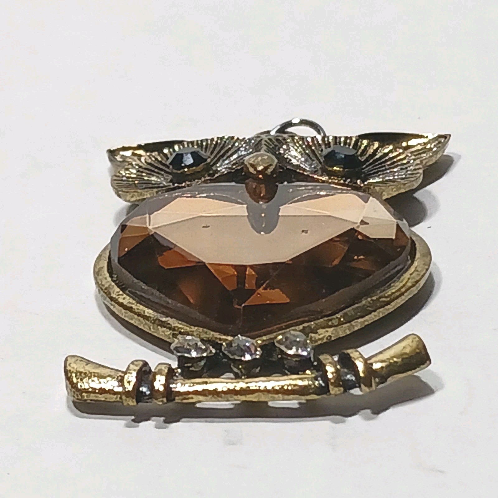 Owl Pendant Large Eyed Heart Shape Foil Back Glass Rhinestone Belly VTG Jewelry