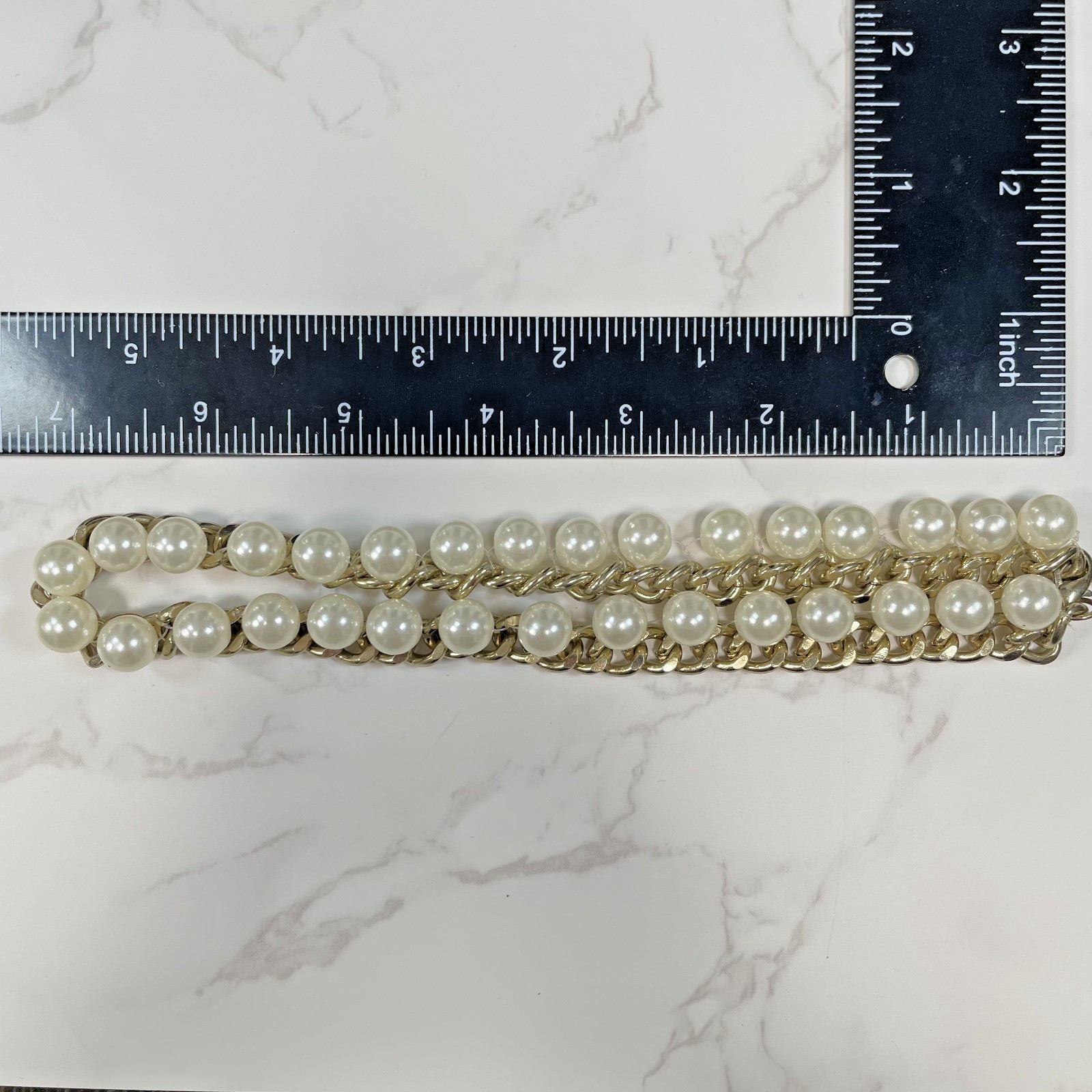 Gold Tone Faux Pearl Curb Chain Choker Necklace Chunky Statement Collar 14″
