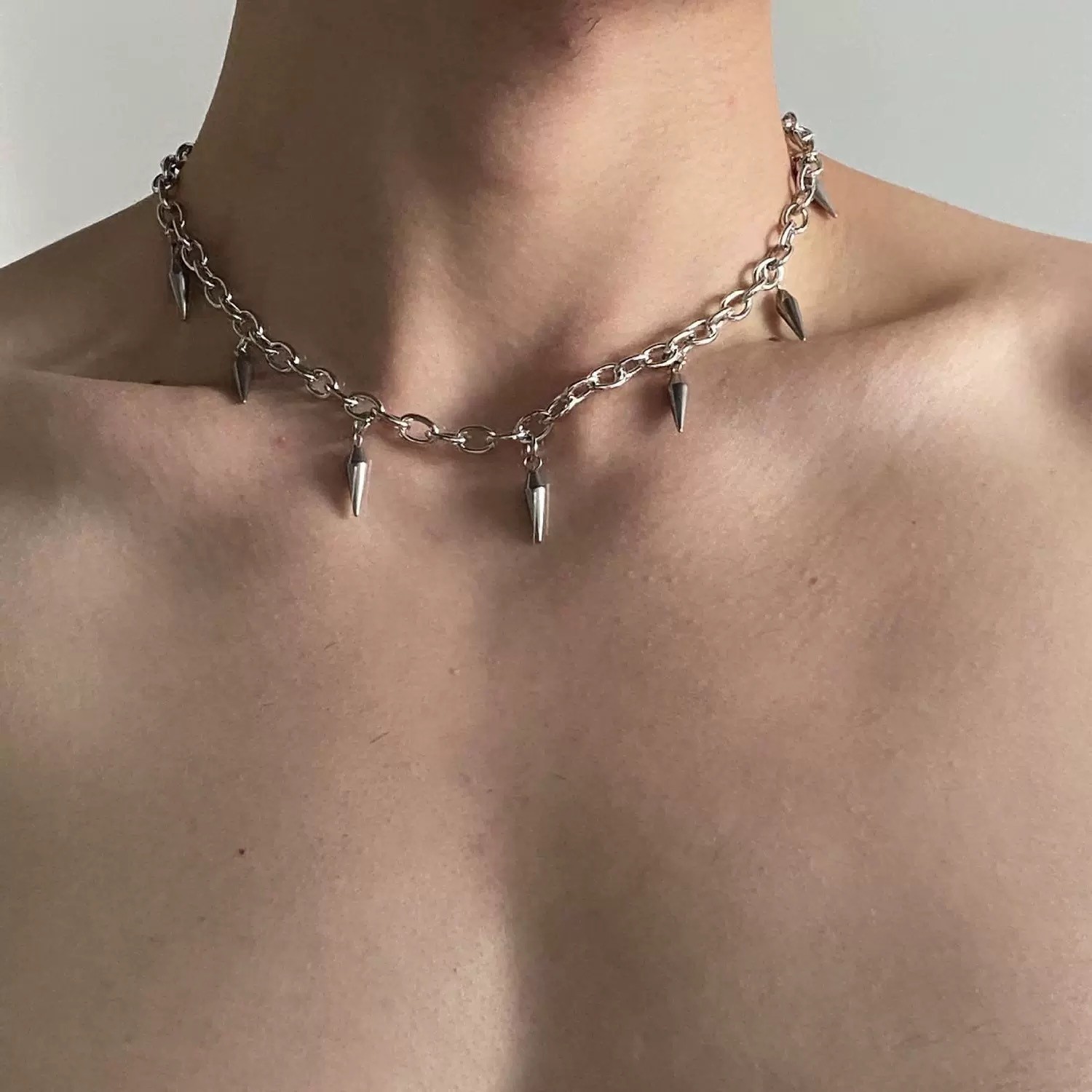 Stainless Spike Bullet Pendant Oval Link Choker Unisex Adjustable Necklace