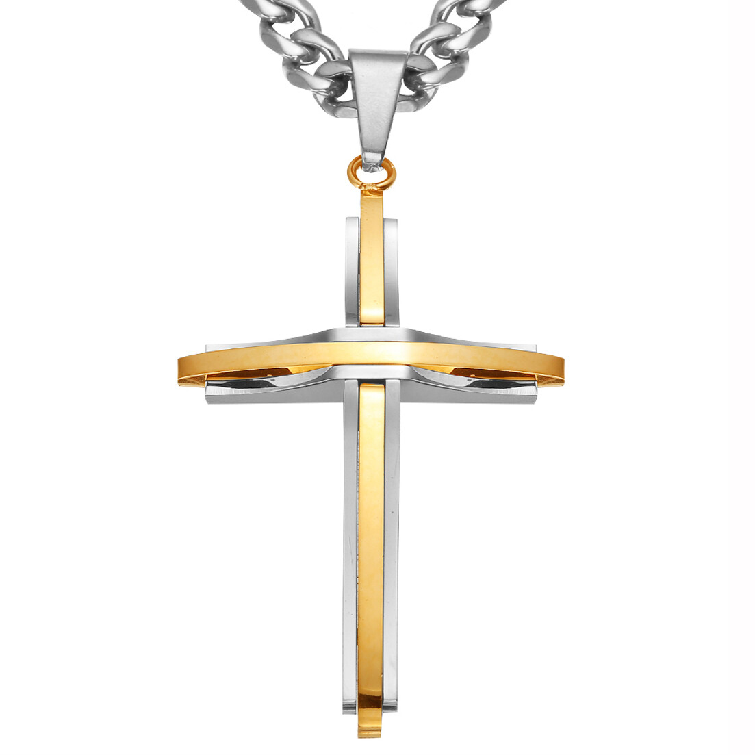 High Polished Stainless Steel Cross Pendant Necklace Cuban Link Chain 4Colors