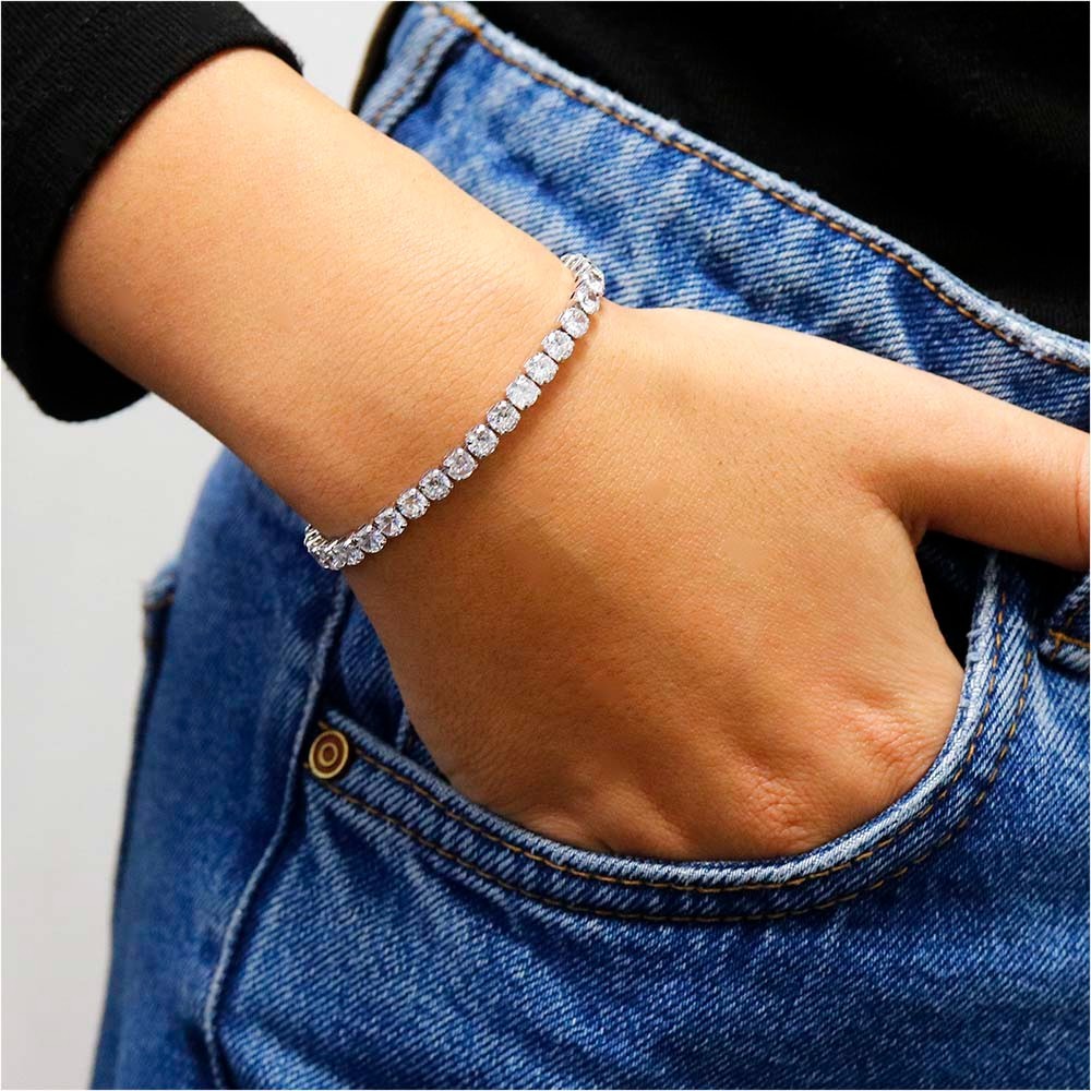 14k White Gold Plated 4MM Round Cut CZ Tennis Chain Bracelet 7.5 Inch All Colors