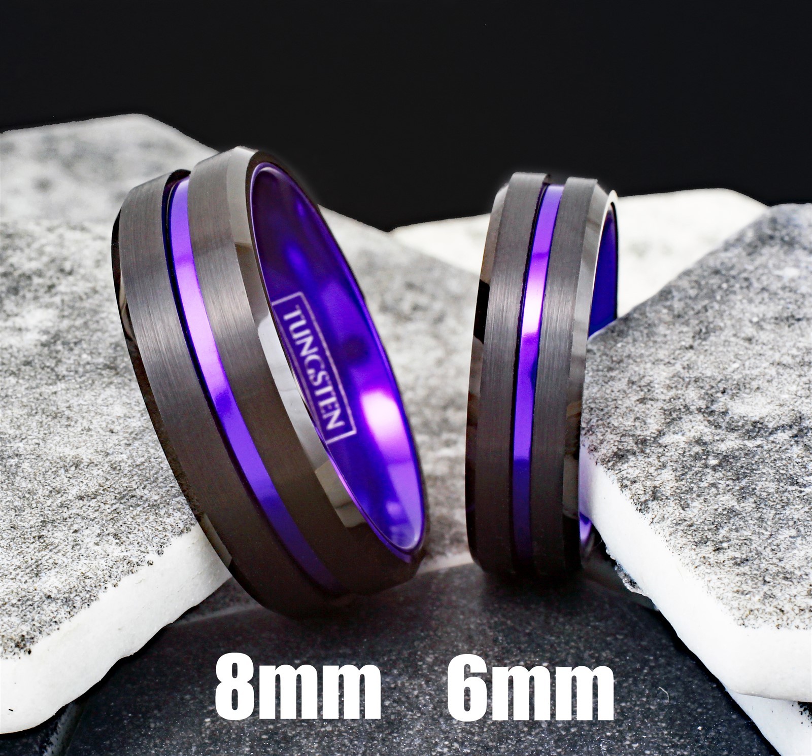 6/8mm Black Tungsten Carbide Ring Purple Stripe Wedding Band -Engraving Avail.