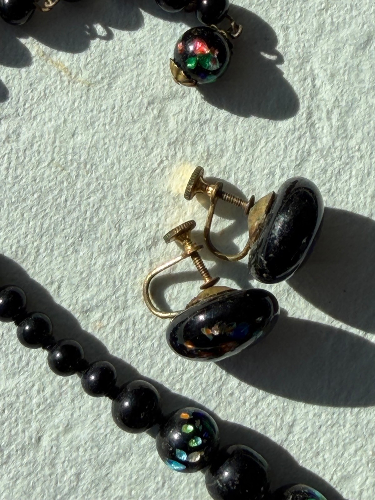Vintage Black Foiled Art Glass Earrings and 16 in. Necklace