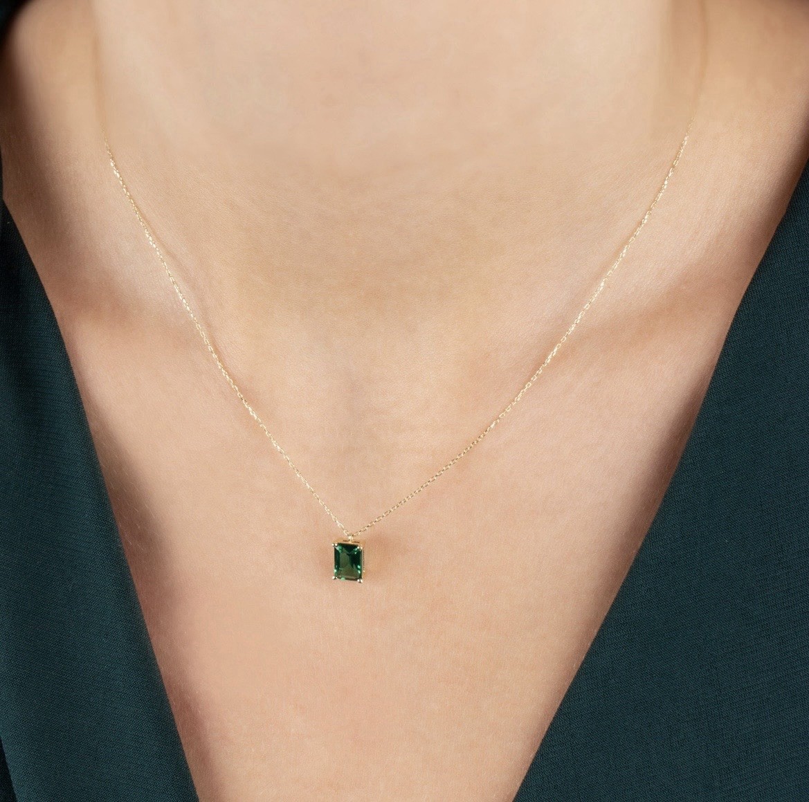 Emerald Rectangle Necklace 14K Solid White Gold, 16in (40cm) Chain Length