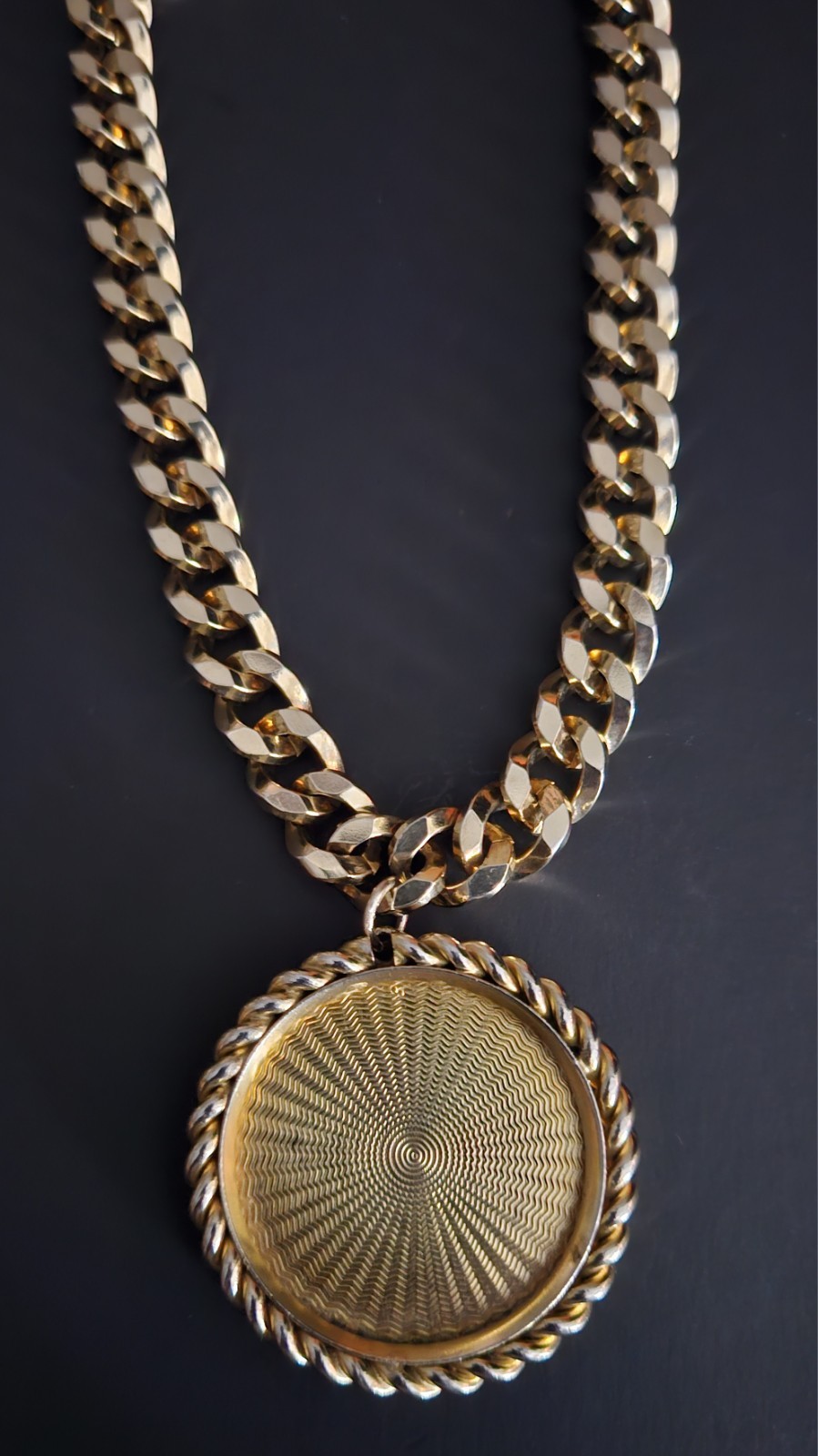 Gold Tone Monogram Medallion Pendant On Chunky Cuban Link Chain Vintage