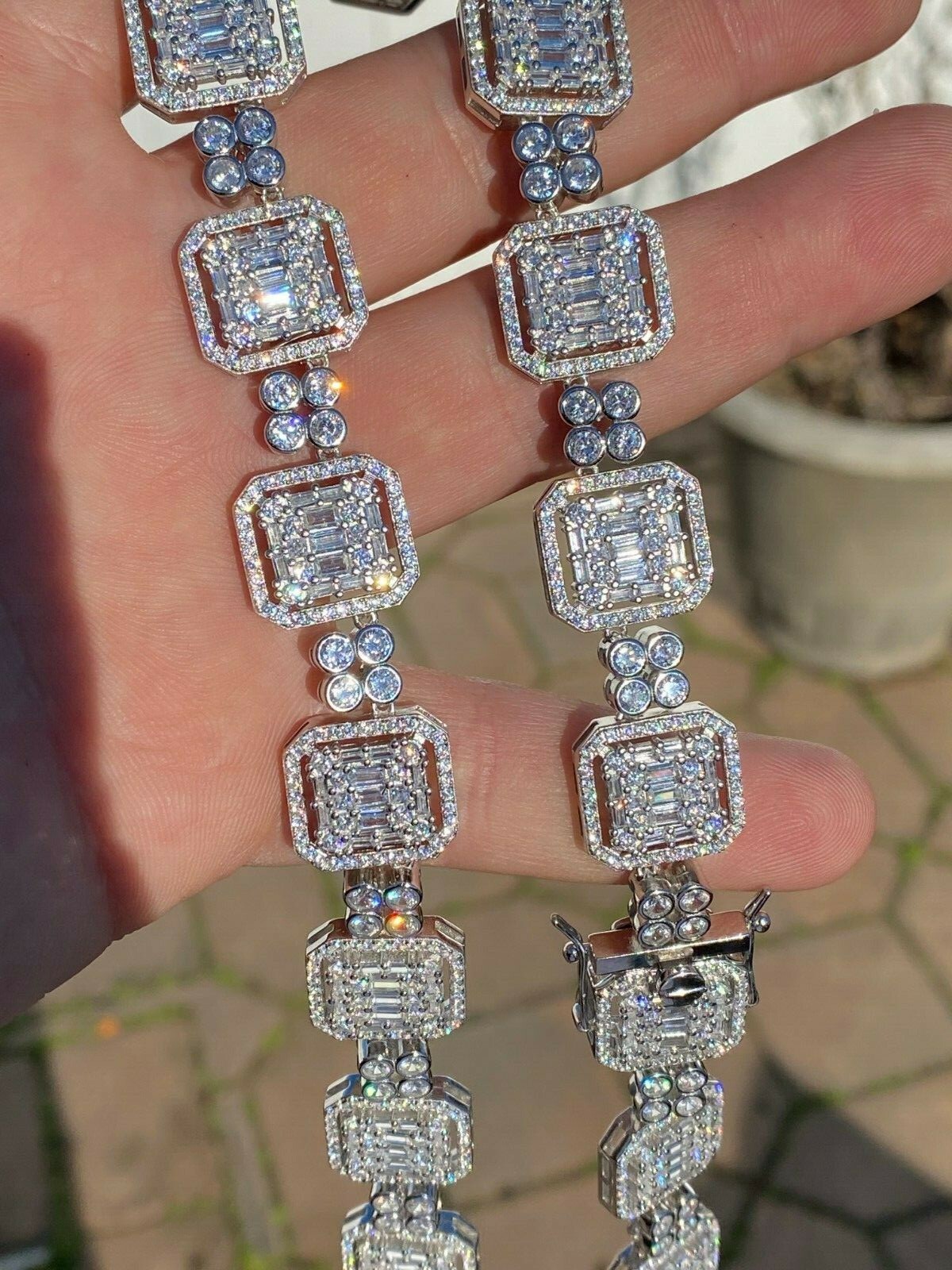 925 Sterling Silver Baguette Link Chain Iced 16mm Men’s CZ Necklace Choker