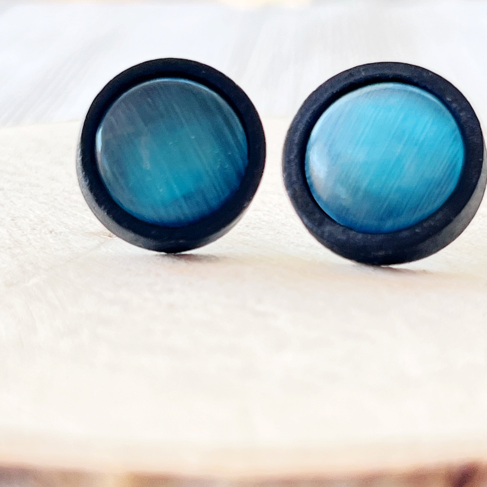 Natural Black Wood Blue Glass Stainless Steel Unisex Stud Earrings