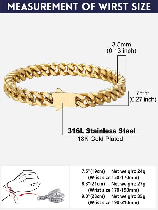 Men’s Miami Cuban Link Bracelet 7mm Gold Plated Stainless 9in