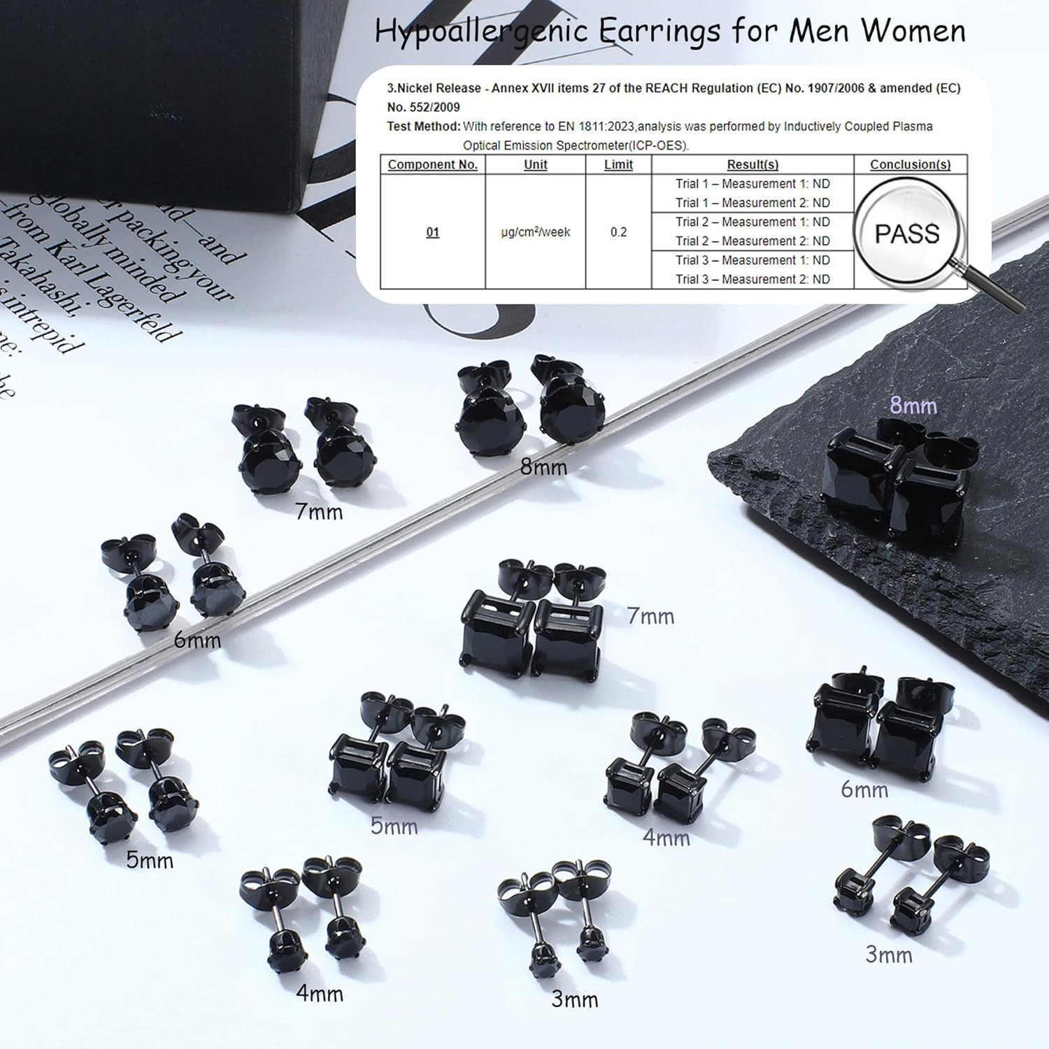 2Pairs Hypoallergenic Black Stud Earrings for Men Women 316L Stainless Steel Squ