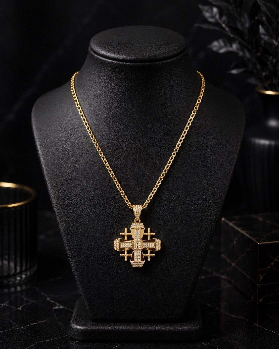 Yellow Gold Plated Curb Chain Cross Charm Necklace Clear Rhinestone Pavé