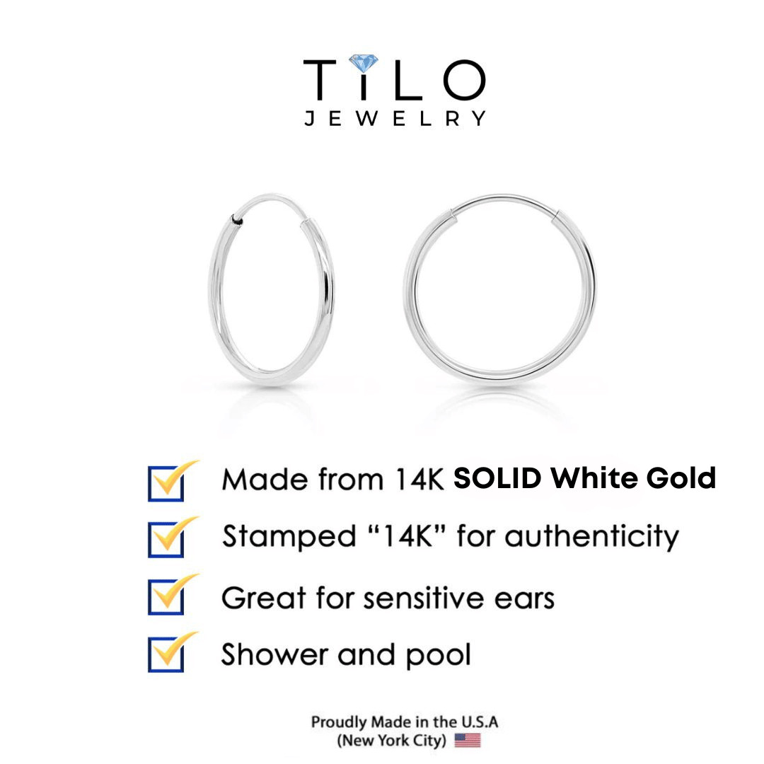 14K Real Solid White Gold Round Endless Hoop Earrings 1mm Tube Hoops Ear Rings