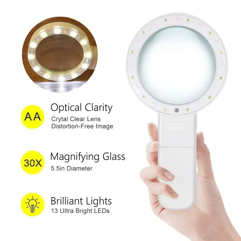 30X Handheld Magnifier 12 LED Illuminated Light with UV Light Portable Magnify