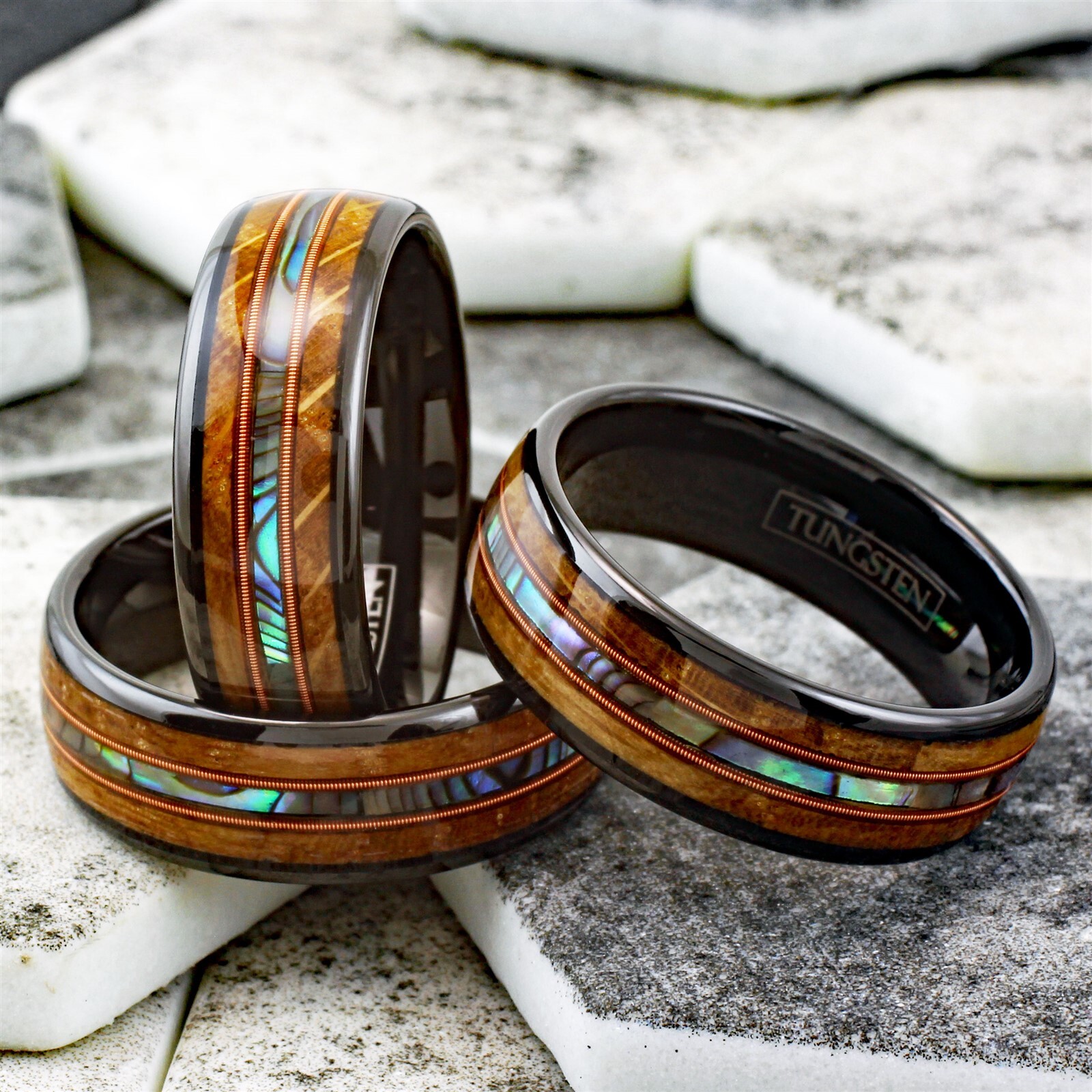 Engraved 8mm Black Tungsten Whiskey Barrel Wood Abalone Dual Guitar String Ring