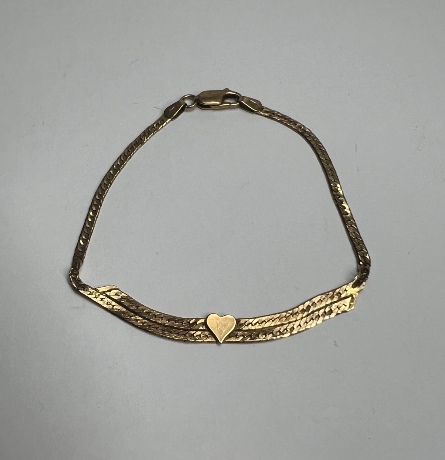 Vintage 14k Solid Yellow Gold Double Herringbone Heart Bracelet 7.5″ 3.88g