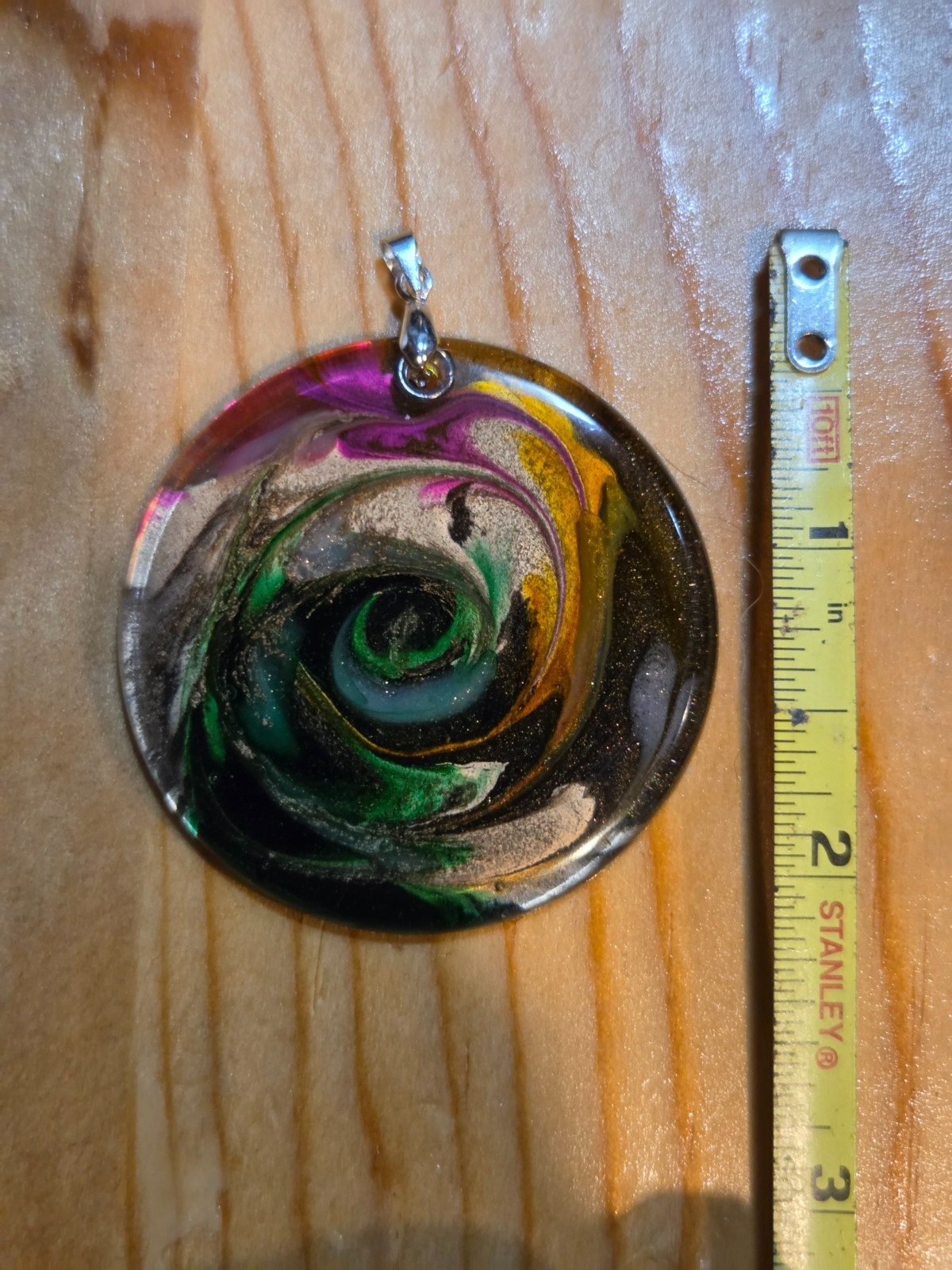 OOAK Petri Effect Resin Round Pendant Green Gold Pink Black Glitter Swirl N095