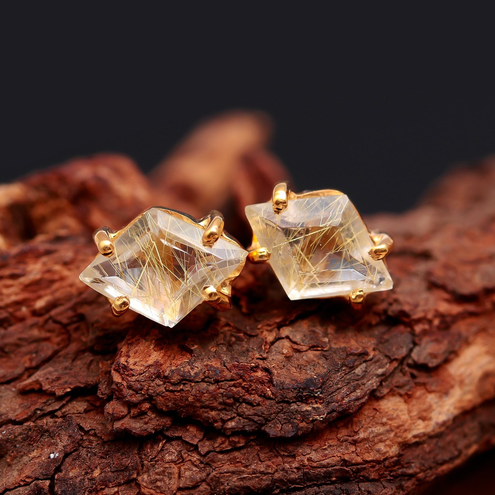 Natural Golden Rutile Kite Stud Earrings Gold Fill 925 Sterling Silver Jewelry
