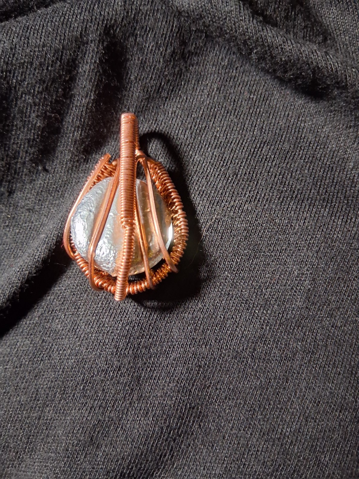 Handcrafted Copper Wire Wrapped Oval Pendant Cord Necklace Art