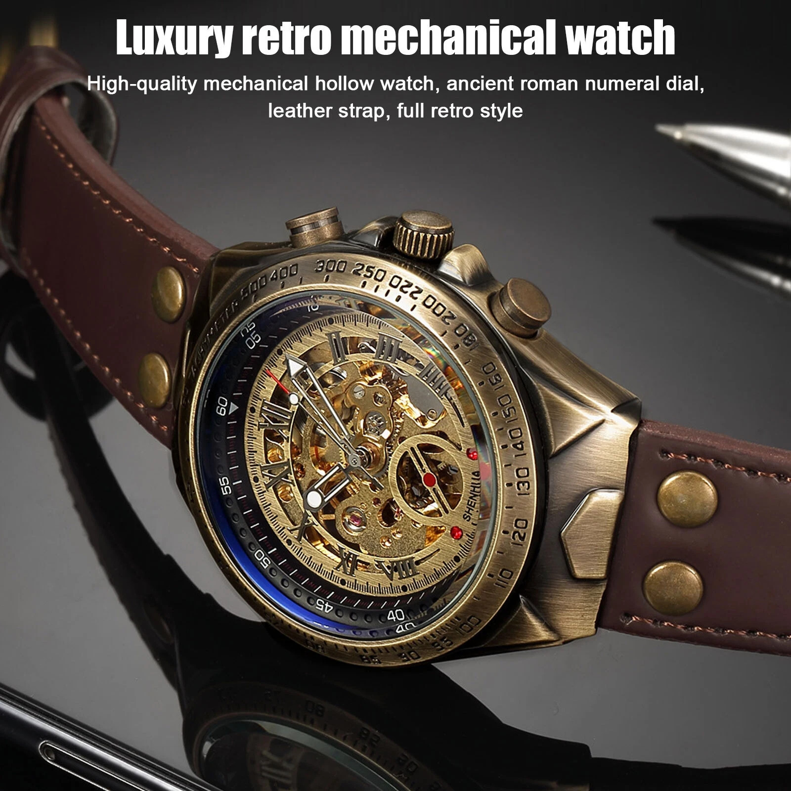 Luxury Men’s Automatic Mechanical Wrist Watch Leather Strap Retro Skeleton Dial