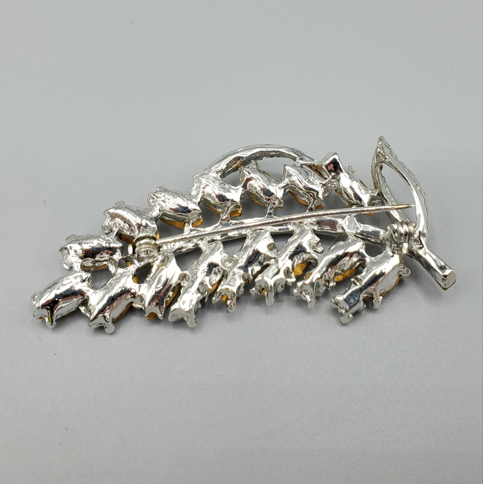 1950’s Unsigned Designer Clear Marquise Baguette Feather Leaf Brooch