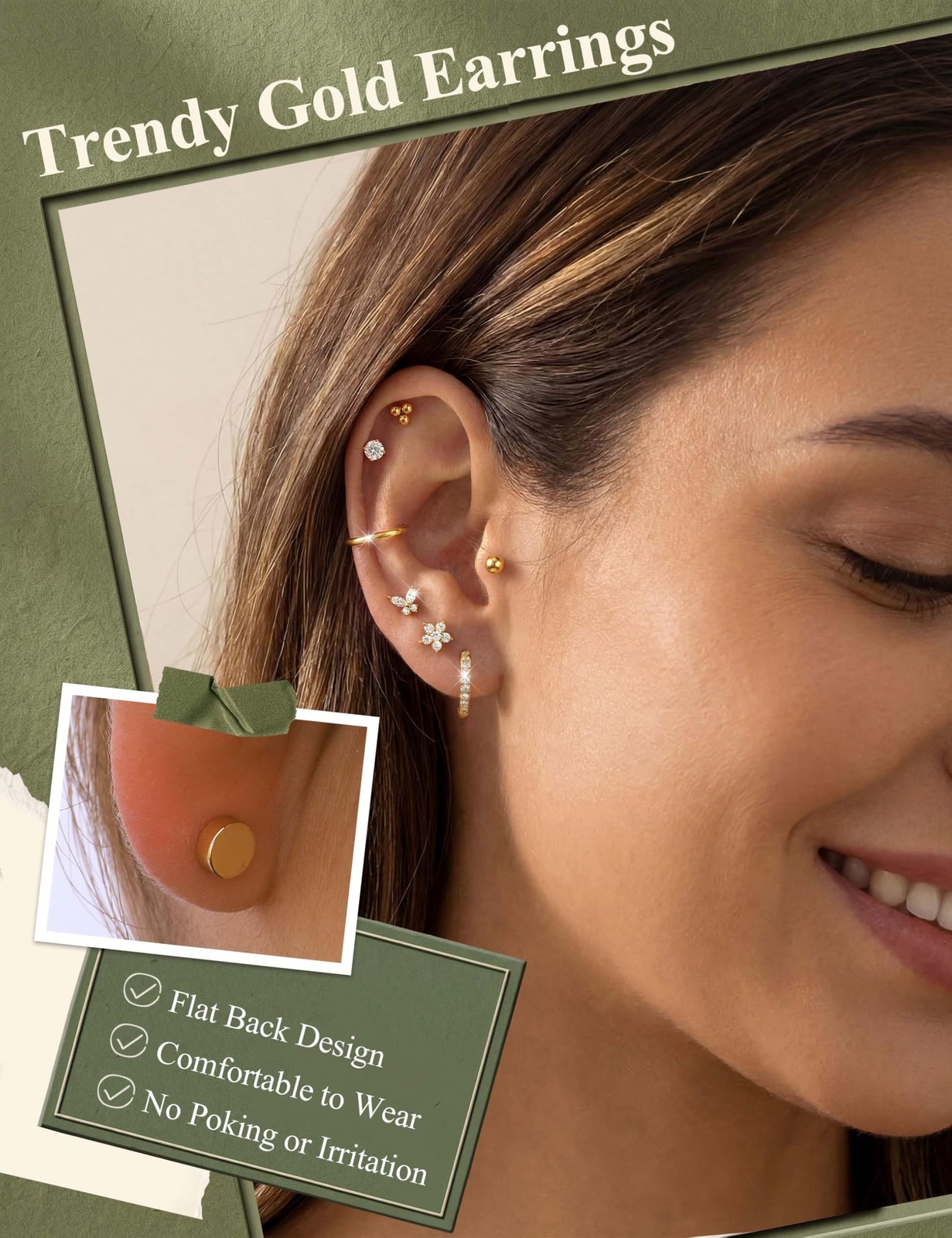 Jstyle 20G (0.8mm), 7mm (stud), 8mm, 10mm (hoop), 14K Gold Plated