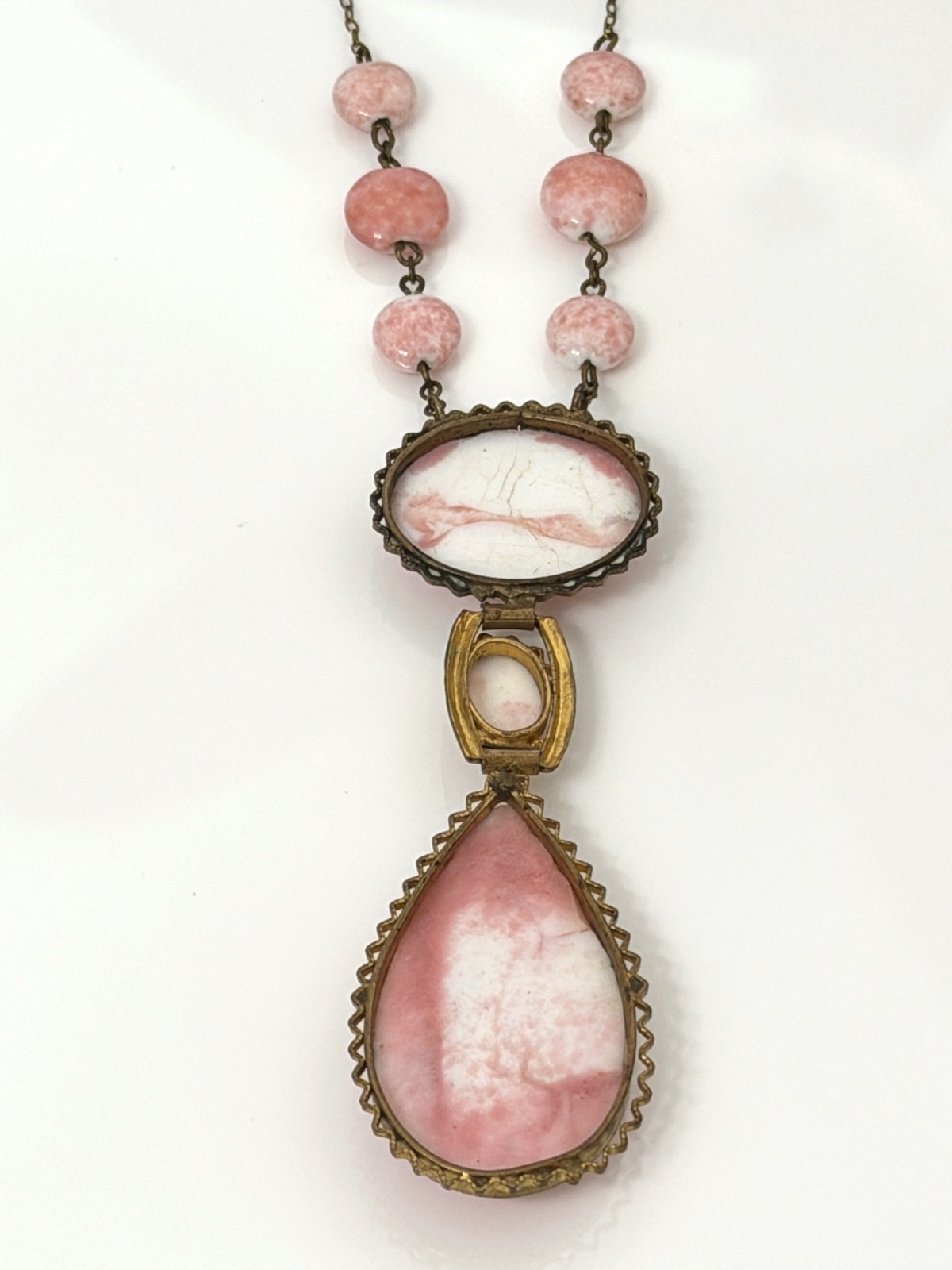 Antique Vintage 1930s Signed CZECH Art Deco Pink Peking Glass & Brass Necklace