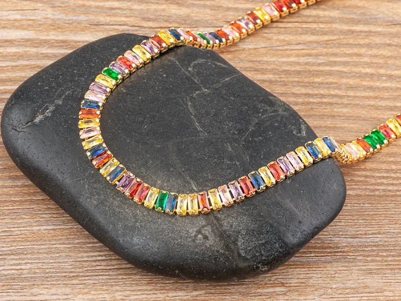 Classic Colorful Tennis Necklace Men and Women Rectangular Full Zircon.