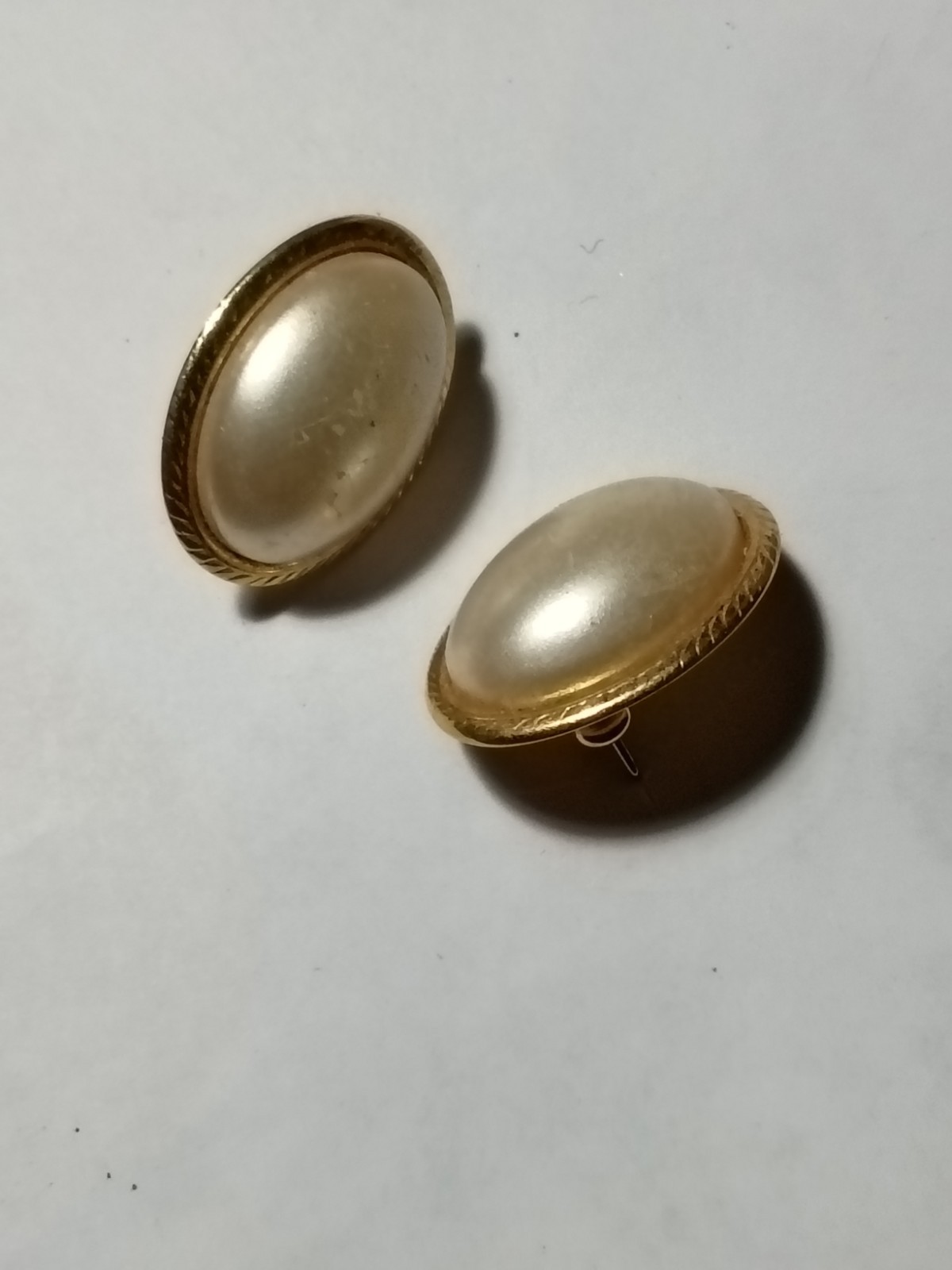 Monet Gold Plated Oval White Imitation Pearl Stud Earrings, Bezel, Screw Back