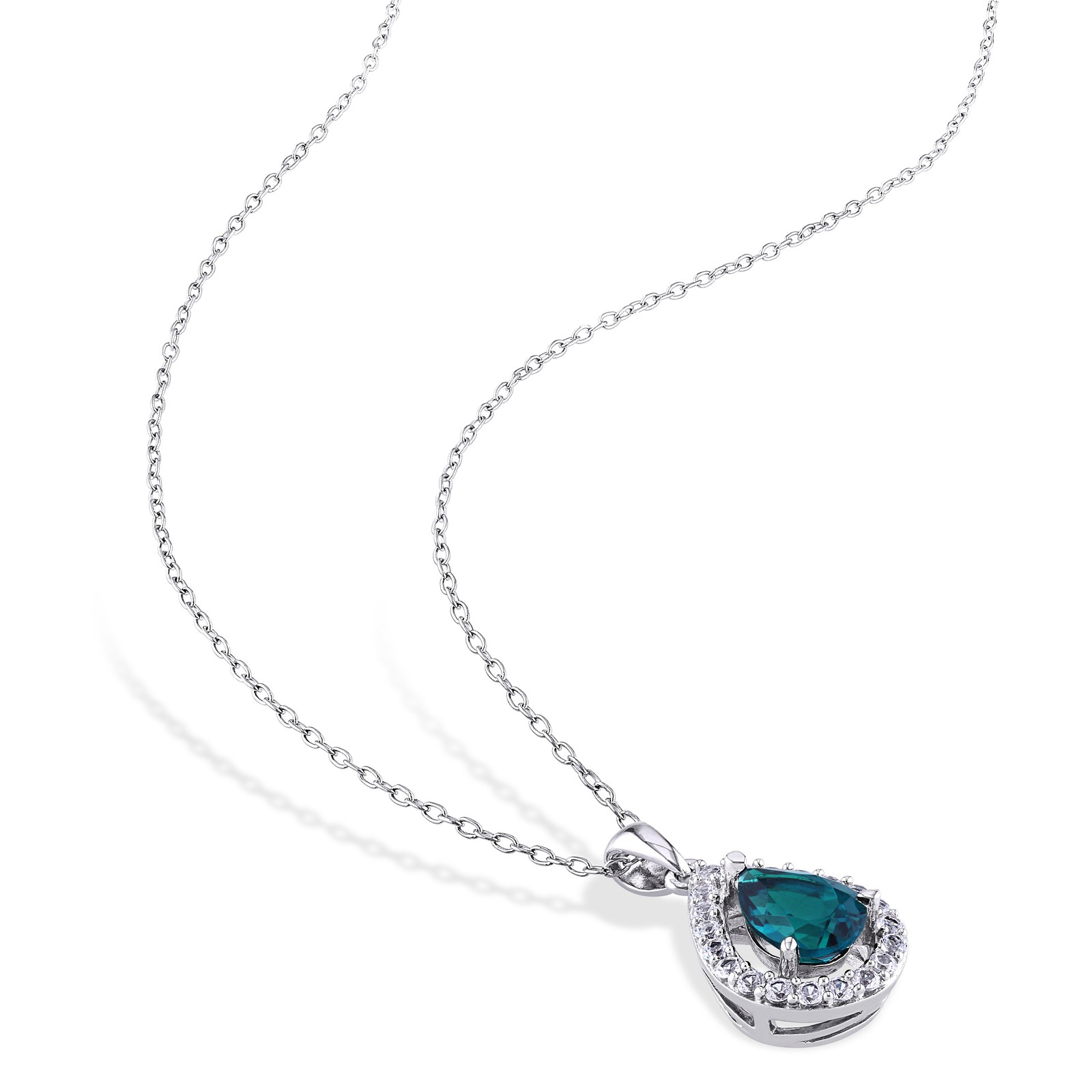 Amour Silver Created Emerald & Created White Sapphire Teardrop Halo Pendant