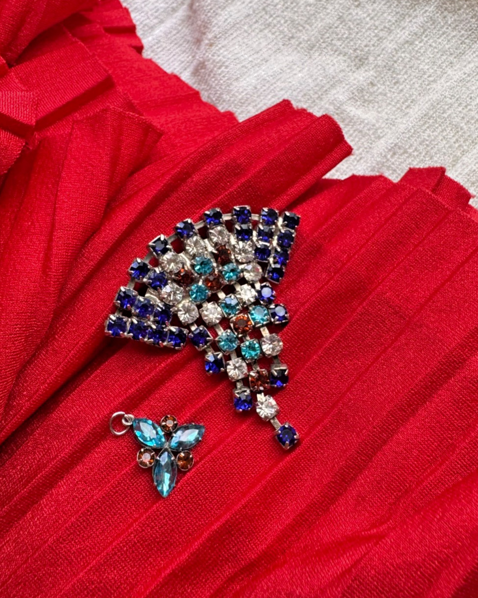 RARE Vintage Czech Glass Jablonex Rhinestone Brooch Pendant Set Waterfall Dangle