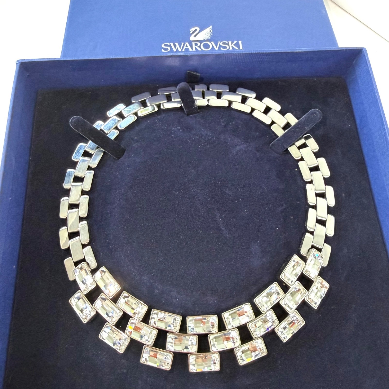 Swarovski Belcher Crystal Necklace Silver Rhodium Plated Art Deco In Box