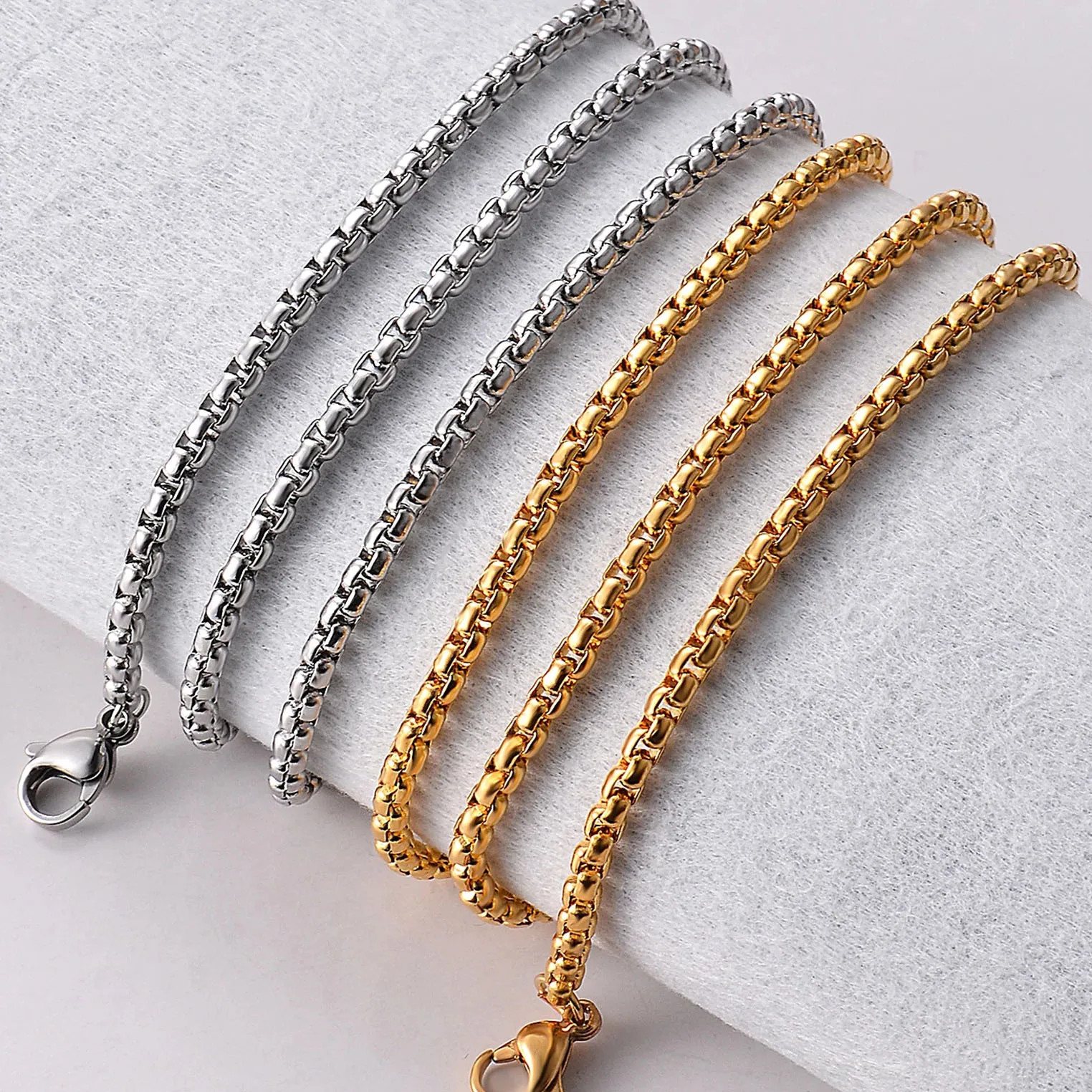 Hip Hop Necklaces For Men Stainless Steel Necklace 3MM Square Pearl Choker Gold