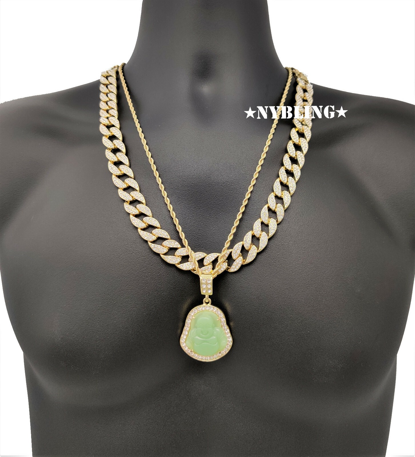 Buddha Pendant w/ Miami Cuban Chain Necklace & Rope Chain Mens Plated Jewelry