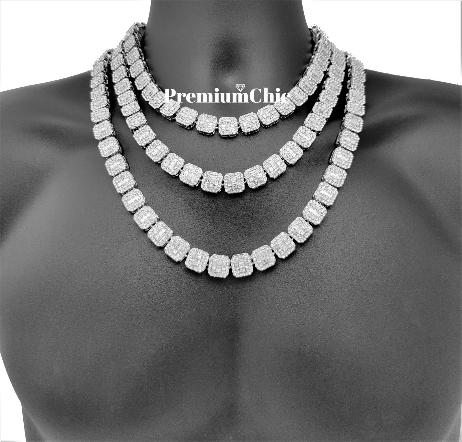 Iced Baguette Cluster Tennis Chain Necklace Plated CZ Men HipHop Fashion Jewelry