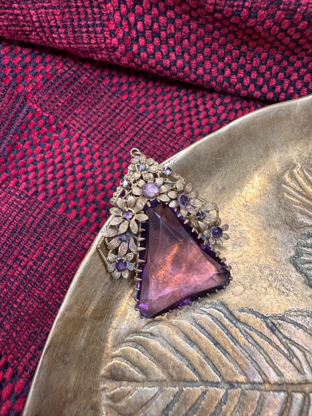 RARE Vintage Czech Amethyst Glass Filigree Flower Triangle Pendant Art Deco 50s