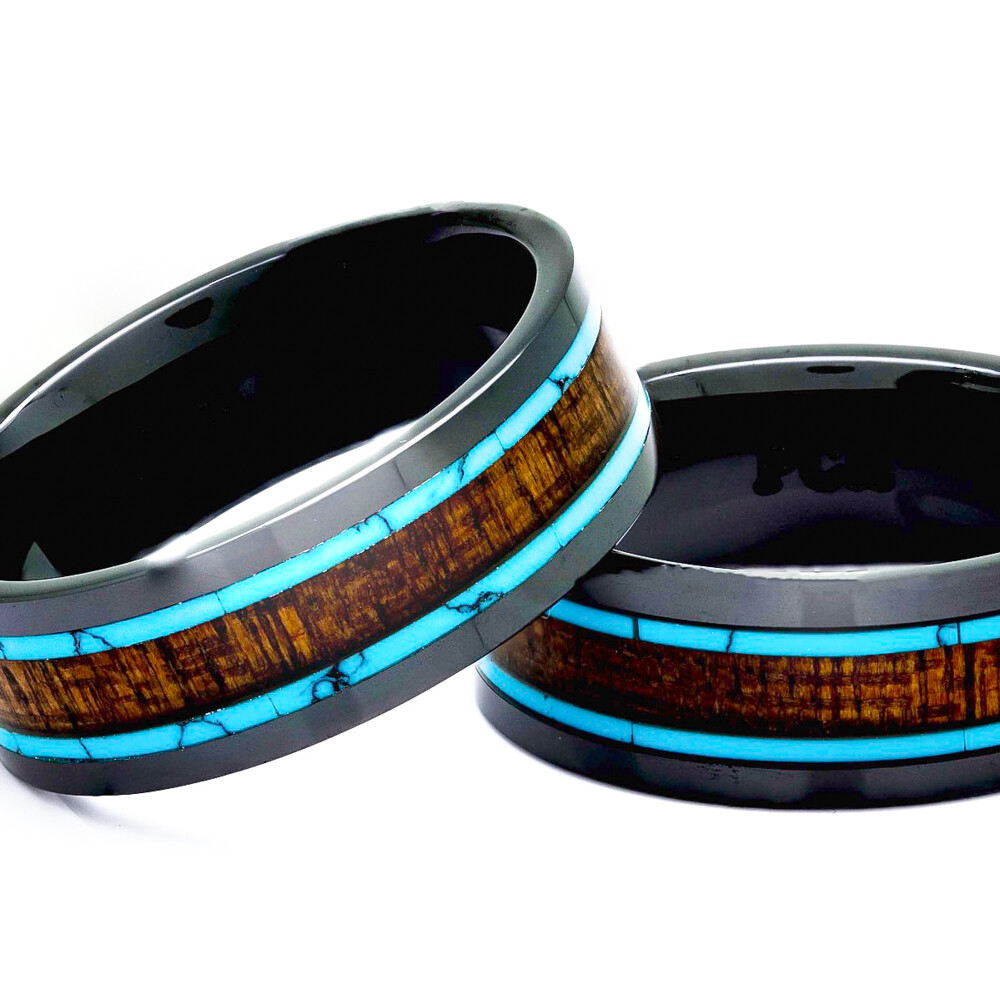 Black Ceramic Wood Ring With Turquoise Inlay, 8mm Comfort Fit Wedding Band