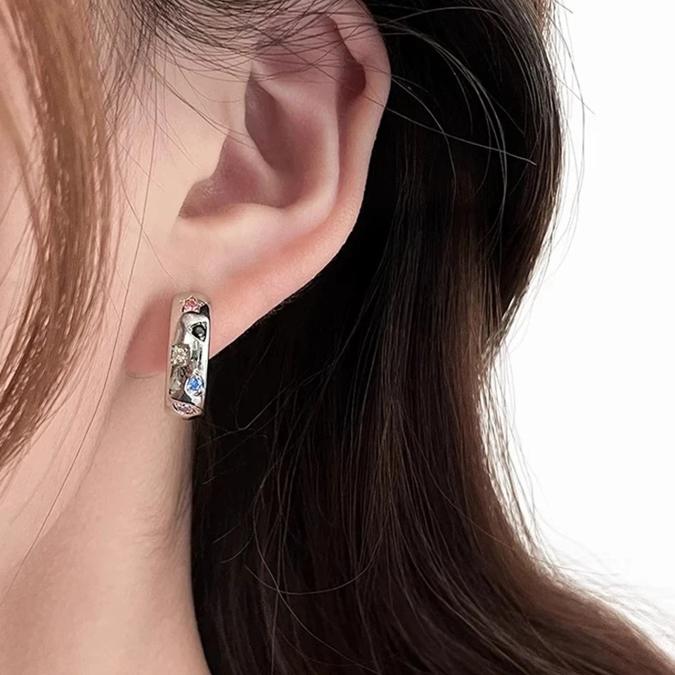 18K Gold Plated Colorful CZ Chunky Hoop Earrings Women Statement Jewellery Gift