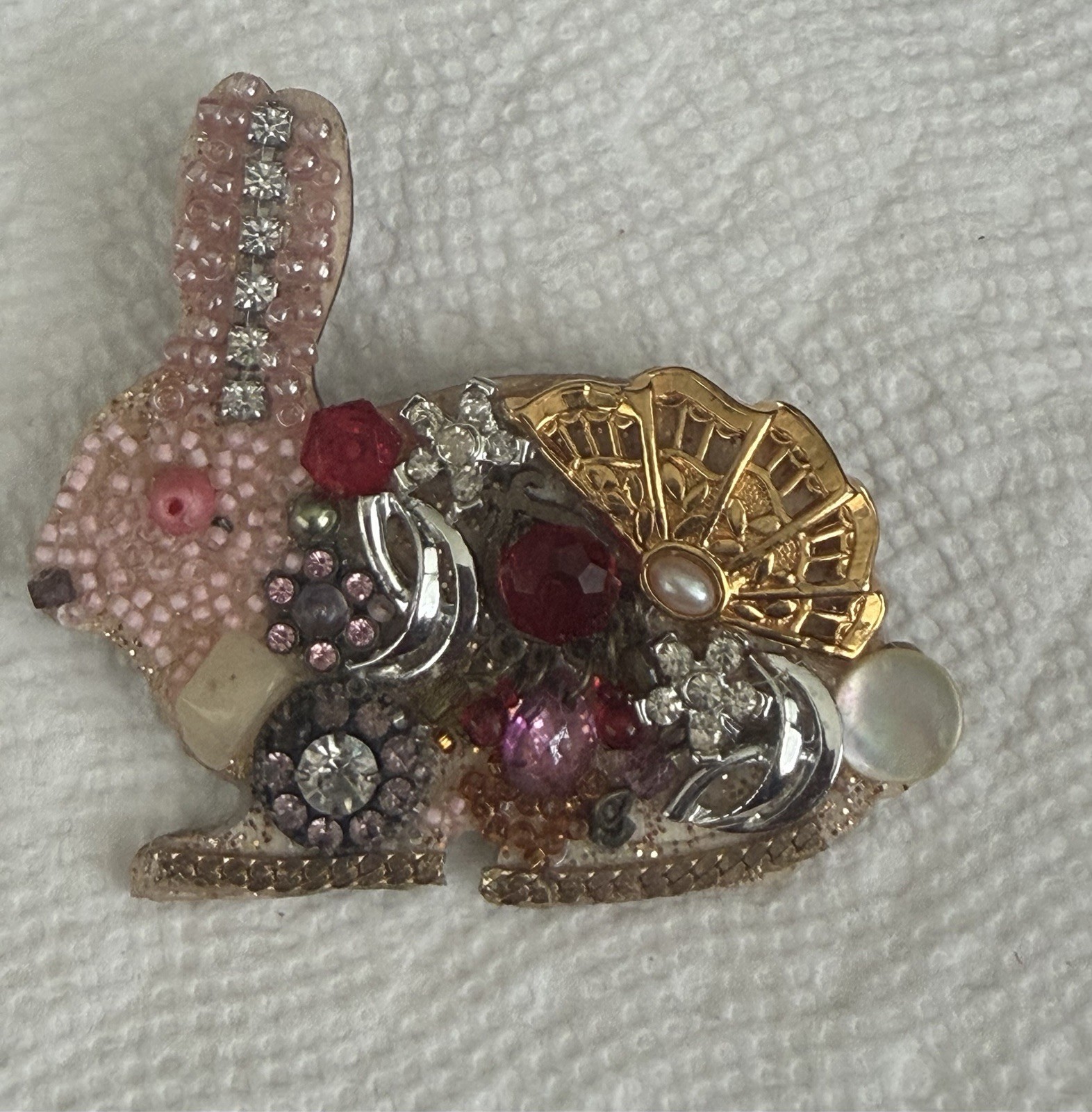 Handmade Rabbit Pin Brooch From Old Broken Pieces Of Jewelry None Are Alike.