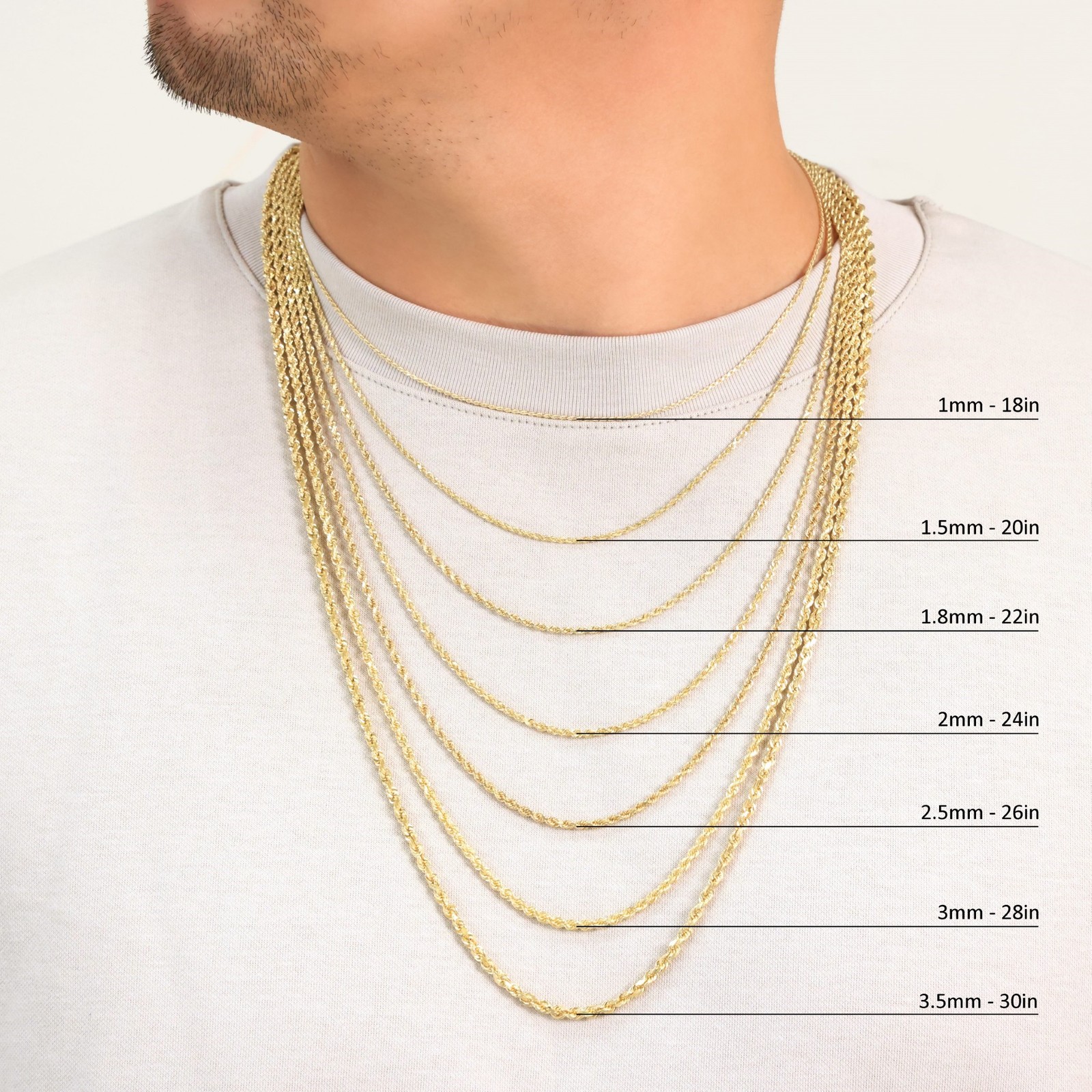 18K Yellow Gold Solid 2mm-7mm Rope Diamond Cut Chain Pendant Necklace 16″- 30″