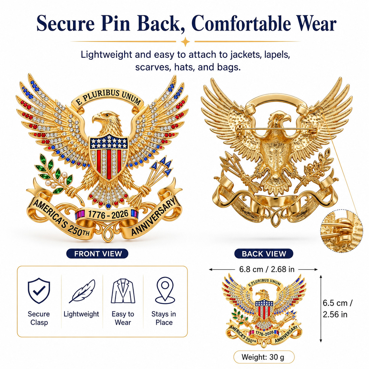 US 250th Anniversary Brooch Pin,Patriotic Eagle Rhinestone Lapel Pin Souvenir