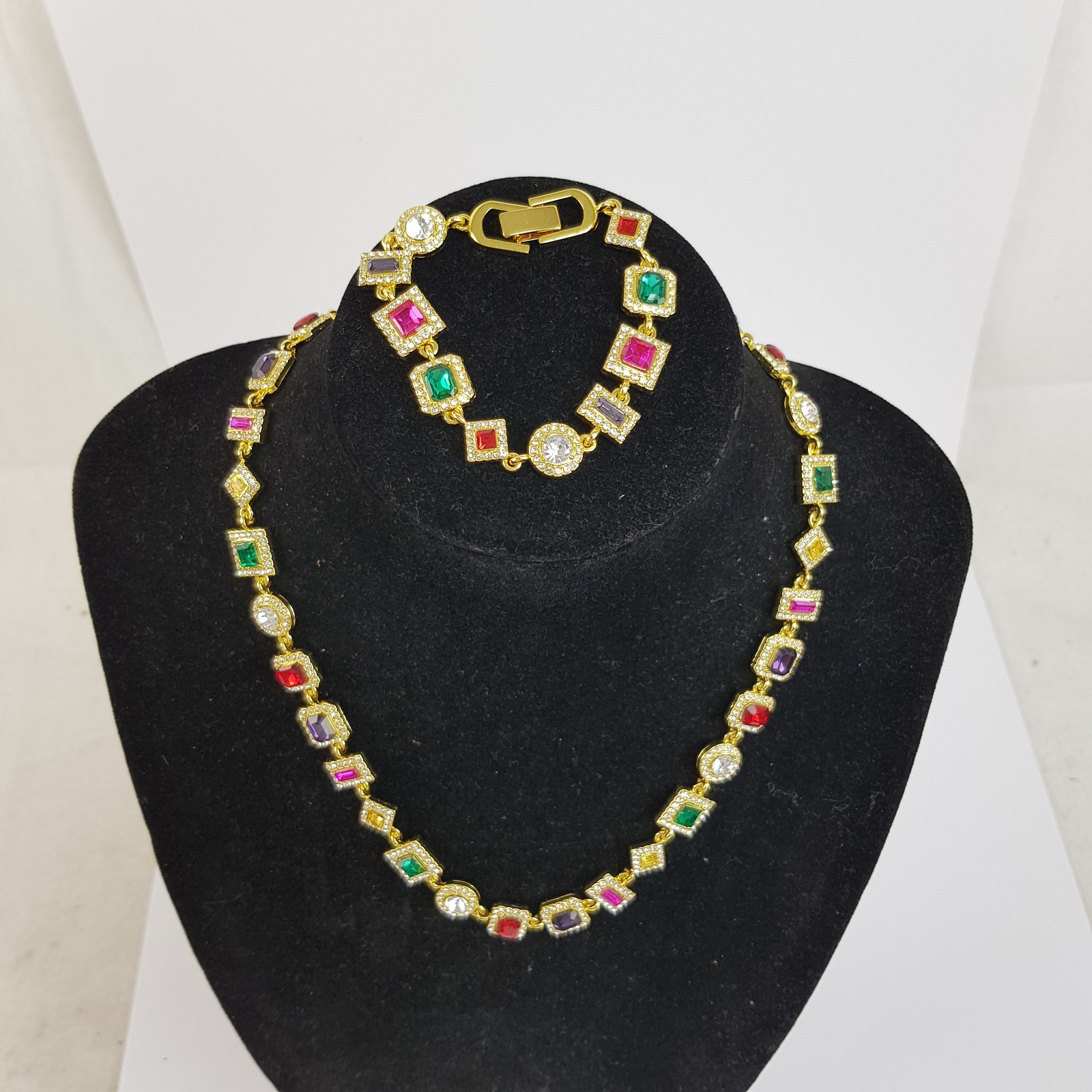 NEW Gold Toned Multi Coloured Gem Halo Set Necklace & Bracelet Set Unboxed