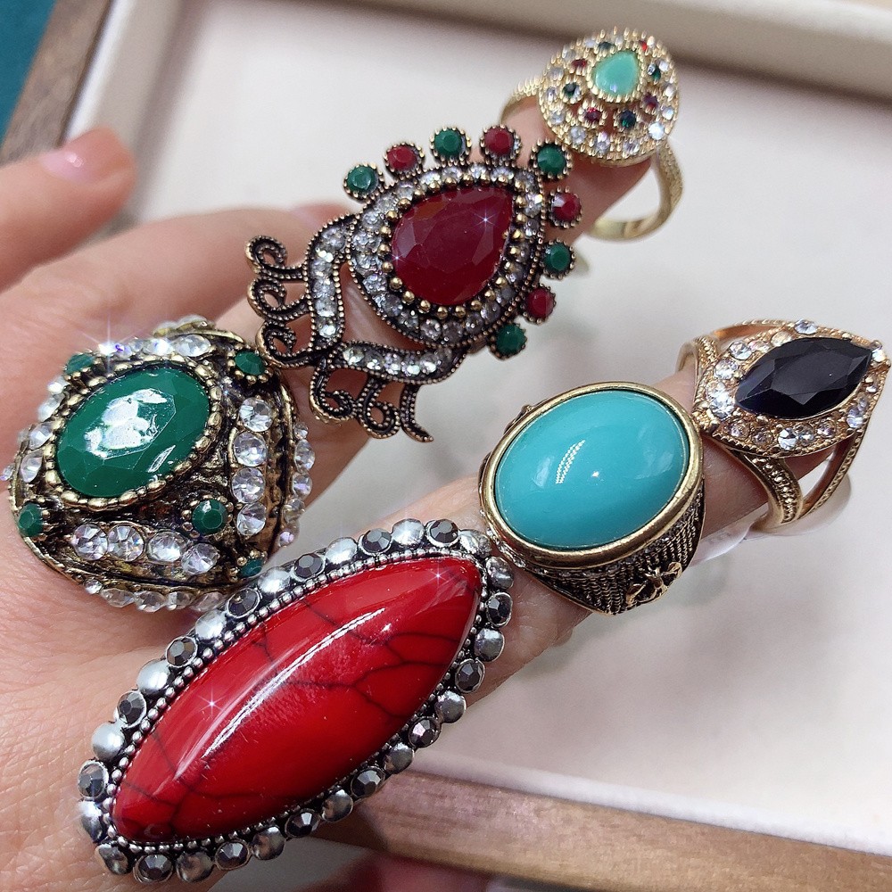Vintage Elegant Ring For Women Men, 10pc Random Rings Inlaid Synthetic Turquoise