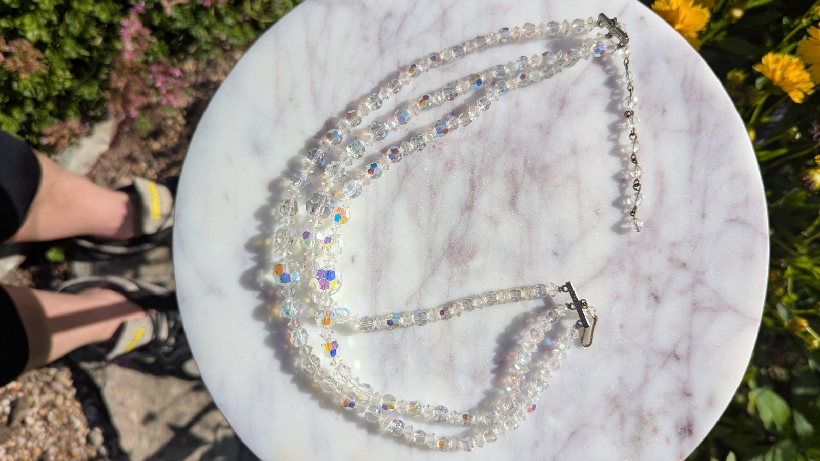 Clear Faceted Crystal Beaded Double Strand Necklace Round Beads Hook Closure