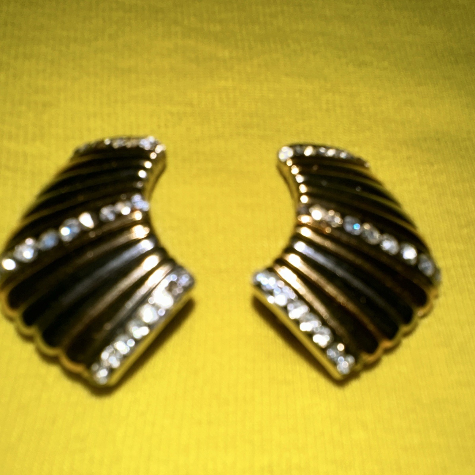 Gold Tone Black Enamel Asymmetrical Round Rhinestone Clip-On Cuff Earrings