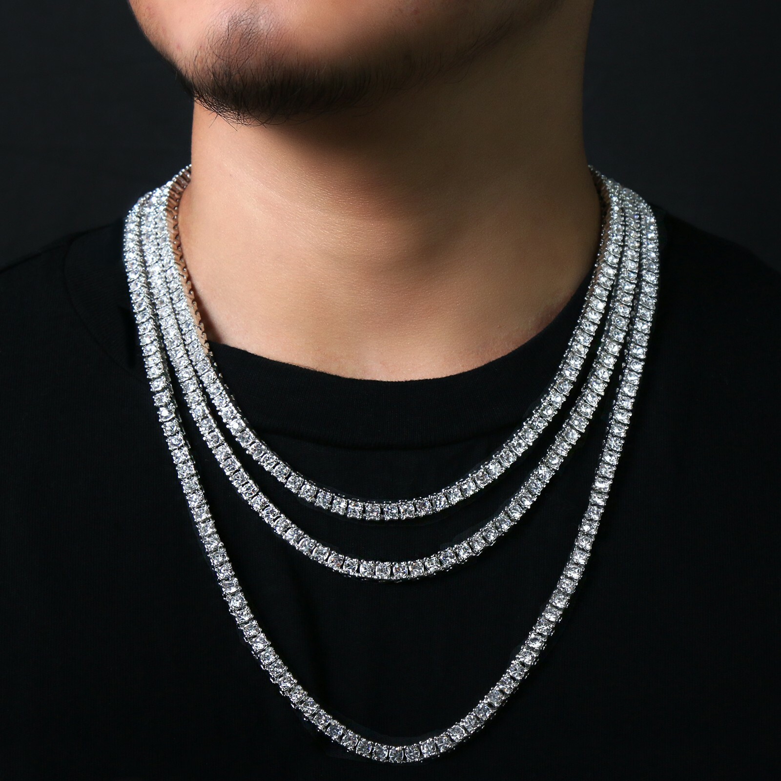 14k White Gold Plated Ice Cubic Zirconia 1 Row SILVER Chain Tennis Necklace