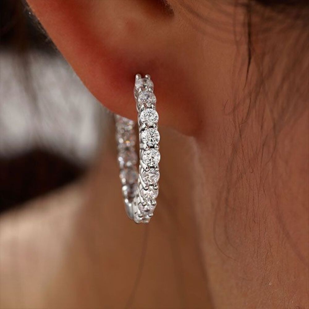 18k White Gold Plated Cubic Zirconia Inside Out 25MM Round Hoop Earrings